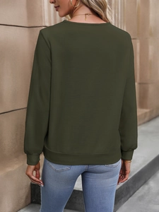 Rear view of an olive green V-neck sweatshirt with ribbed cuffs and casual fit