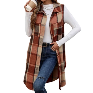 Women's long plaid vest with lapels and single-breasted buttons in brown and khaki
