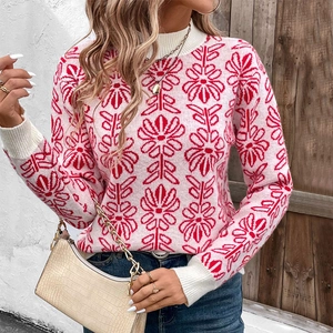 Women Half High Neck Knit Sweater Floral Heart Jacquard Long Sleeve Pullover Autumn Winter Casual Loose Fashion Lady Knitwear