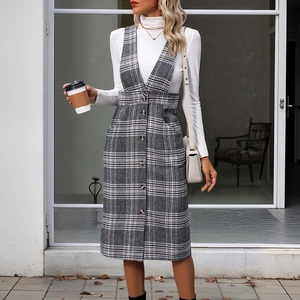 Women's Retro Plaid Pinafore Dress Casual V Neck Button Front Midi Sleeveless Polyester Checkered Pinafore Dress For Women Bottom