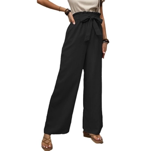 Women black high waist paperbag trousers with bow tie belt and wide leg design