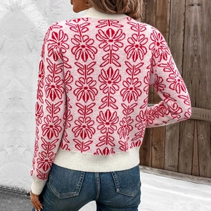 Pink Fair Isle mock neck knit sweater with floral jacquard pattern for women in winter