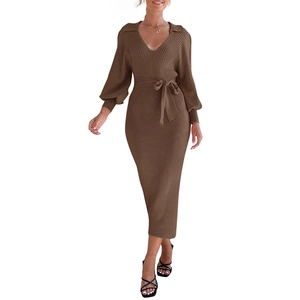 Elegantes tiefbraunes V-Ausschnitt Strick-Maxikleid mit Puffärmeln und Bindegürtel
