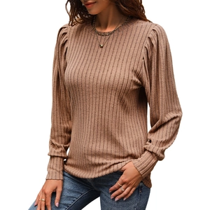 Women's light brown ribbed knit top with stylish puff sleeves and simple crew neckline