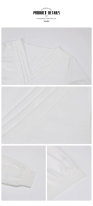 Detail of white V-neck sweatshirt with pleated collar design and ribbed cuffs and hem