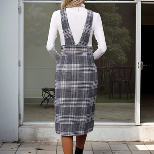 Women's grey plaid pinafore dress with long sleeves and a stylish back V-neck design
