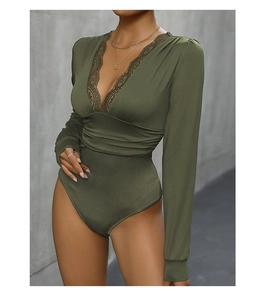 Detail of army green V-neck bodysuit with delicate lace trim and ruching details