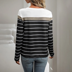 Women's long sleeve T-shirt with color block stripes and patchwork design, back view model shot