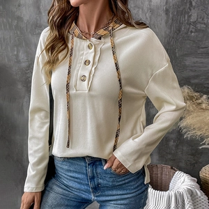Women white waffle knit hoodie with blue yellow plaid lining hood and buttons