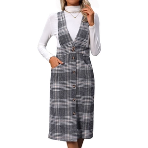 Classic grey plaid overall midi dress with buttons and side pockets for women