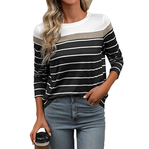 Women's color block long sleeve T-shirt with white khaki and black striped pattern