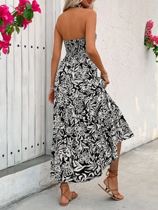 Robe longue fleurie dos nu d'été pour femmes avec taille haute élastique et froncée