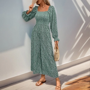 Combinaison Fleurie pour Femmes Col Carré Taille Smockée Manches Bouffantes Longues Jambe Large Vacances Vert Imprimé Floral