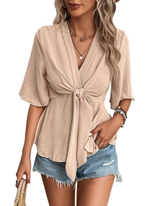 Elegant apricot V-neck short sleeve blouse with front tie knot and textured fabric