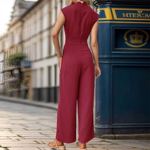 Elegant burgundy sleeveless high-waisted jumpsuit with wide-leg trousers and back zipper
