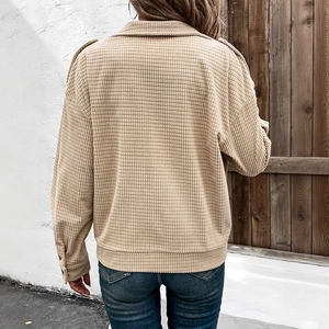 Women's vintage khaki corduroy zip cardigan jacket with textured fabric and relaxed fit