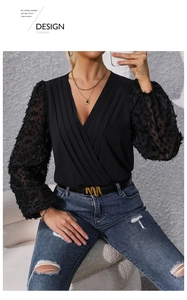 Detail of V-neck bodysuit featuring sheer lantern sleeves with textured plush polka dots