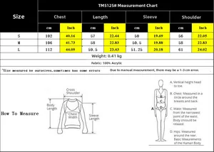 Detailed size chart for striped knit sweater with chest and length measurements in cm and inches