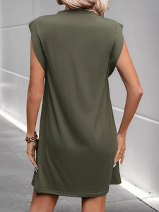 Back view of army green sleeveless T-shirt dress with minimalist straight silhouette