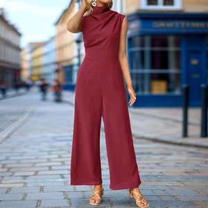 Detail view of the elegant deep wine red sleeveless jumpsuit with a high neck design