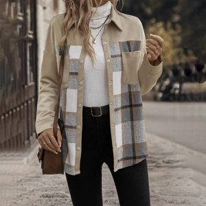 Giacca da donna patchwork a quadri con bavero e maniche lunghe in stile casual chic