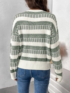 Back view of a casual long-sleeved striped knit sweater with green textured patterns