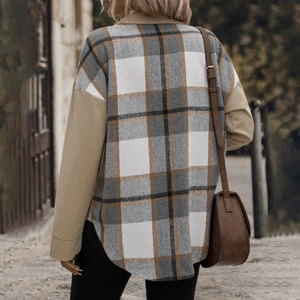 Giacca scozzese patchwork da donna con maniche lunghe color kaki per l'autunno e l'inverno