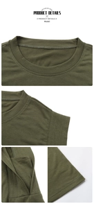 Detail view of military green T-shirt dress showing round neck and quality stitching