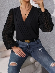 Elegant black V-neck bodysuit with sheer flocked sleeves and pleated bodice for women
