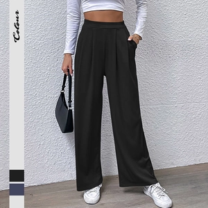 Women's High Waisted Wide Leg Pants Ribbed Knit Elastic Waist Solid Color Casual Loose Trousers Soft Lounge Slacks