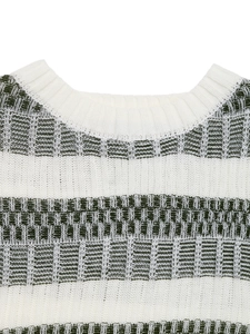 Detail of crewneck knit sweater featuring green and white stripes with textured plaid weave