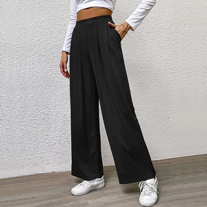 Women's high waist black wide leg knit pants with elastic pleated waist and vertical texture