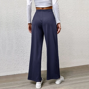 Navy blue high-waisted wide leg knit trousers with vertical ribbed texture for women