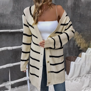 Cardigan en Maille Rayée pour Femmes Col en V Manches Lungues Simple Boutonnage Mi-long Manteau Pull Décontracté