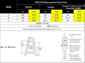 Tableau des tailles détaillé pour gilet rayé avec mesures S-L et infos sur le tissu