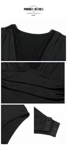 Detailed view of black lace V-neckline and pleated waist on a long-sleeve bodysuit