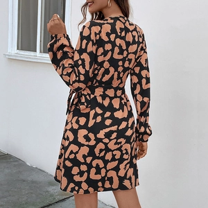 Chic leopard print V-neck long sleeve mini dress with wrap waist tie shown from side back