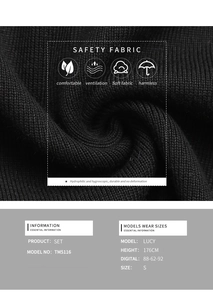 Detail shot of black knit fabric texture and size information for TM5116 women's set
