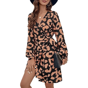 Women's leopard print V-neck wrap mini dress with long lantern sleeves in brown and black