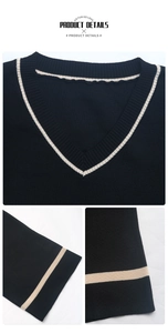 Detailed macro view of the V-neckline and white striped edges on black knitted garment