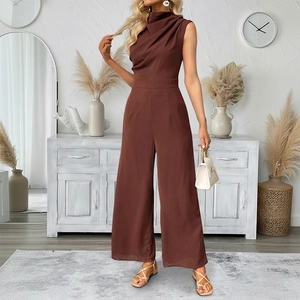 Elegant brown sleeveless wide-leg jumpsuit with cowl neck and flattering high waist design