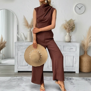 Coffee brown sleeveless high neck wide leg jumpsuit with elegant pleated bodice