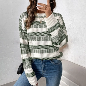Women Color Block Striped Knitted Sweater Round Neck Long Sleeve Casual Loose Warm Acrylic Pullover Top For Daily Wear