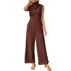 Women's brown sleeveless wide leg jumpsuit with an elegant draped cowl neck and high waist
