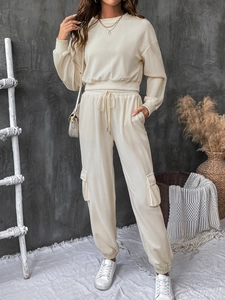Women off-white waffle knit lounge set with cropped top and cargo sweatpants