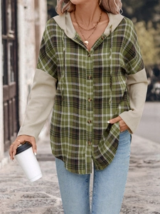 Detail view of women plaid hooded shirt with beige contrast sleeves and knit drawstring hood