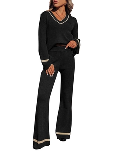 Women's V-neck knit set with long sleeve sweater and wide leg pants in black and cream