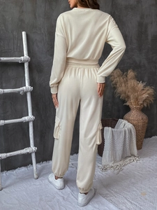 Women's cream white textured waffle knit 2-piece set with long sleeves and cargo pants