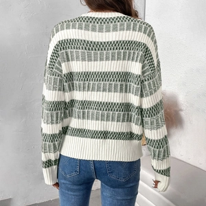 Women's autumn knit sweater with green stripes and diamond texture back view