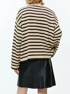 Detail view of the striped knit sweater back with high-quality black and white fabric texture